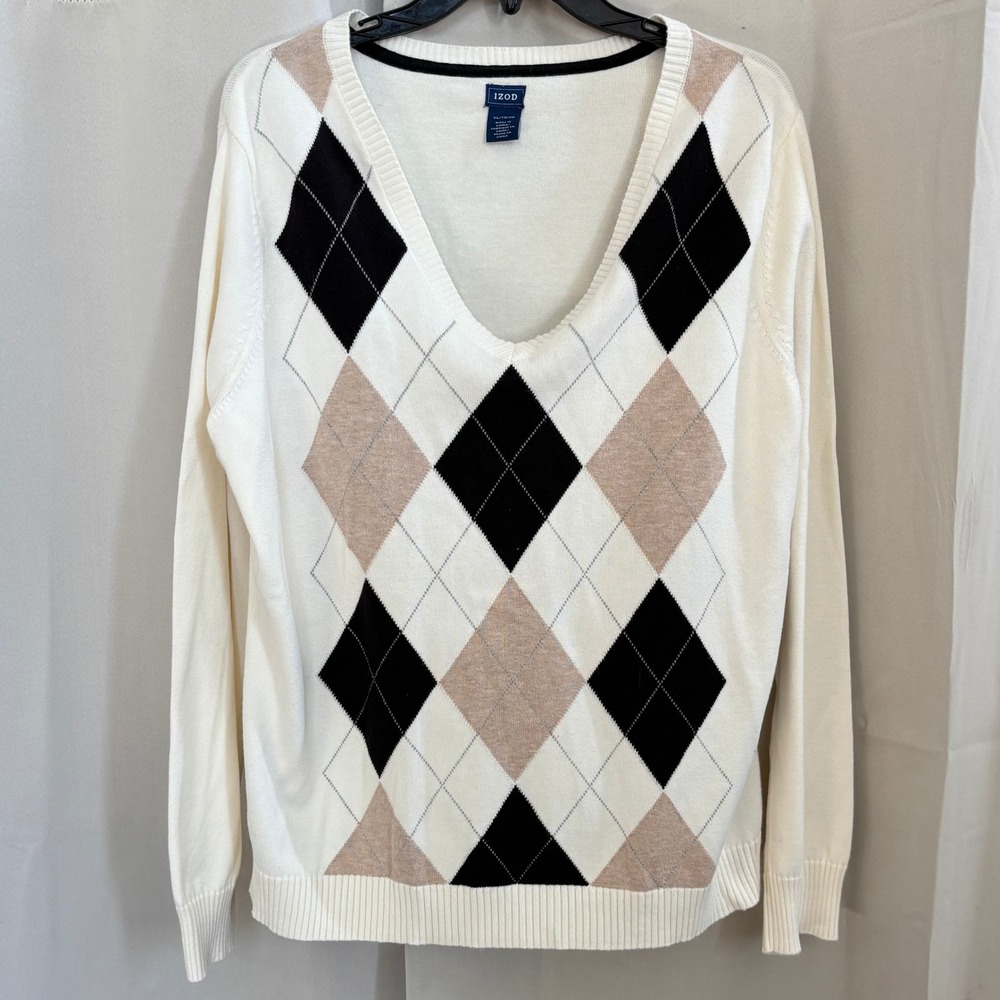 IZOD Mens Sweater XL Argyle Cotton Preppy Academia Collegiate Retro Office 20896